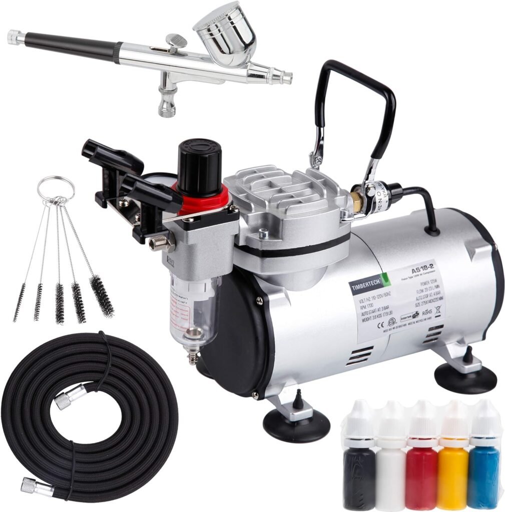 Timbertech Airbrush Kit with Compressor AS18-2K Basic Start Kit with Air Hose, Cleaning Brush  Test Paints for Hobby, Body Tattoo, Graphic and Any Other Airbrush Application