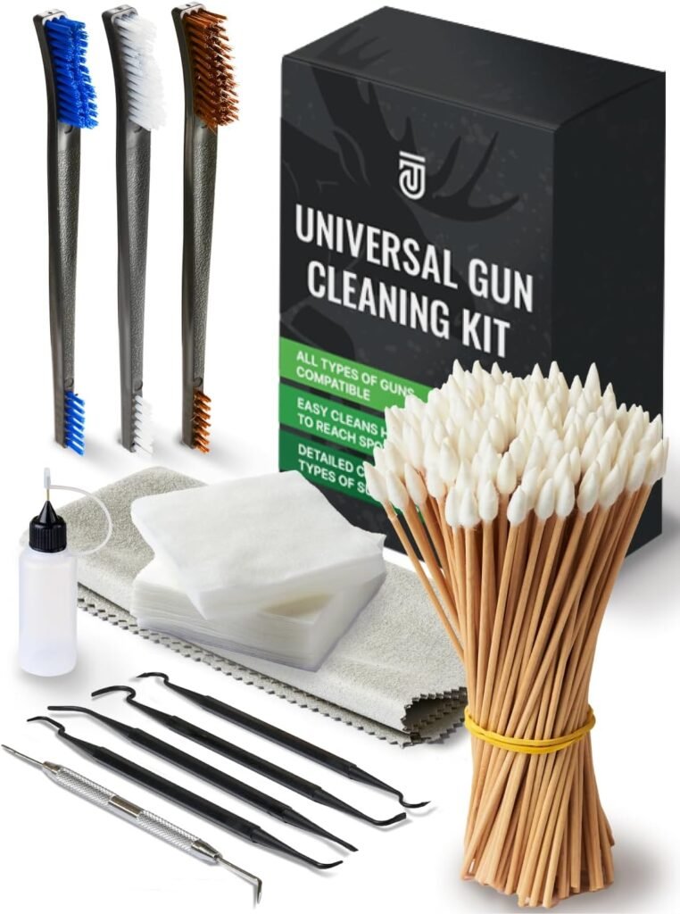 Gun Cleaning Supplies Kit 12 in 1 Universal Gun Cleaning Kit Incl. Gun Cleaning Patches, 6-inch Gun Cleaning Swabs, Double Head Gun Cleaning Brush, Cleaning Picks, Finishing Gun Cloth, Oil Applicator