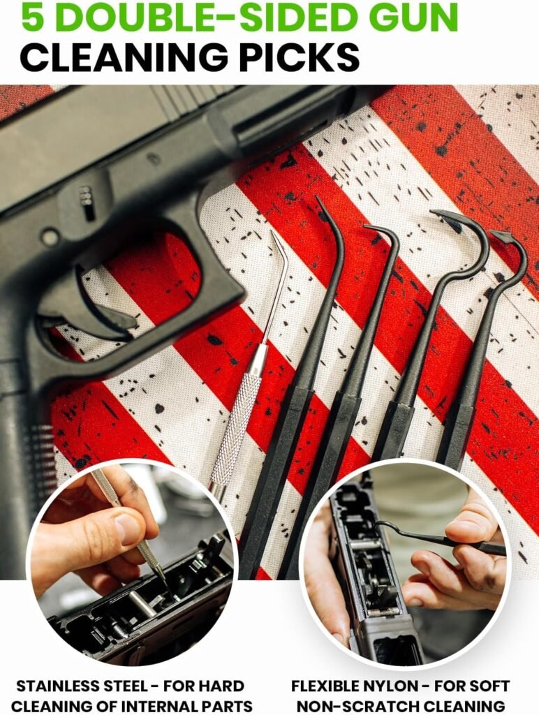 Gun Cleaning Supplies Kit 12 in 1 Universal Gun Cleaning Kit Incl. Gun Cleaning Patches, 6-inch Gun Cleaning Swabs, Double Head Gun Cleaning Brush, Cleaning Picks, Finishing Gun Cloth, Oil Applicator