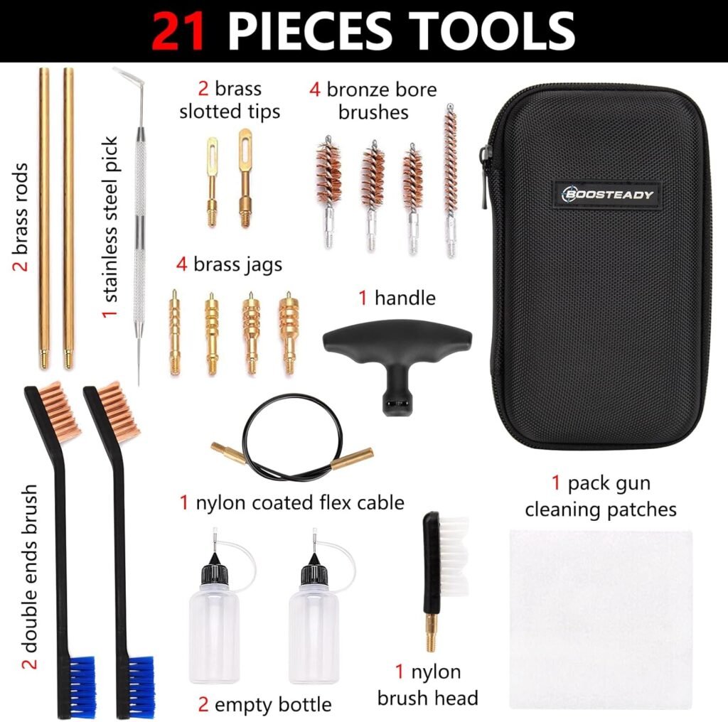 BOOSTEADY Universal Handgun Cleaning kit .22,.357,.38,9mm,.45 Caliber Pistol Cleaning Kit Bronze Bore Brush and Brass Jag Adapter